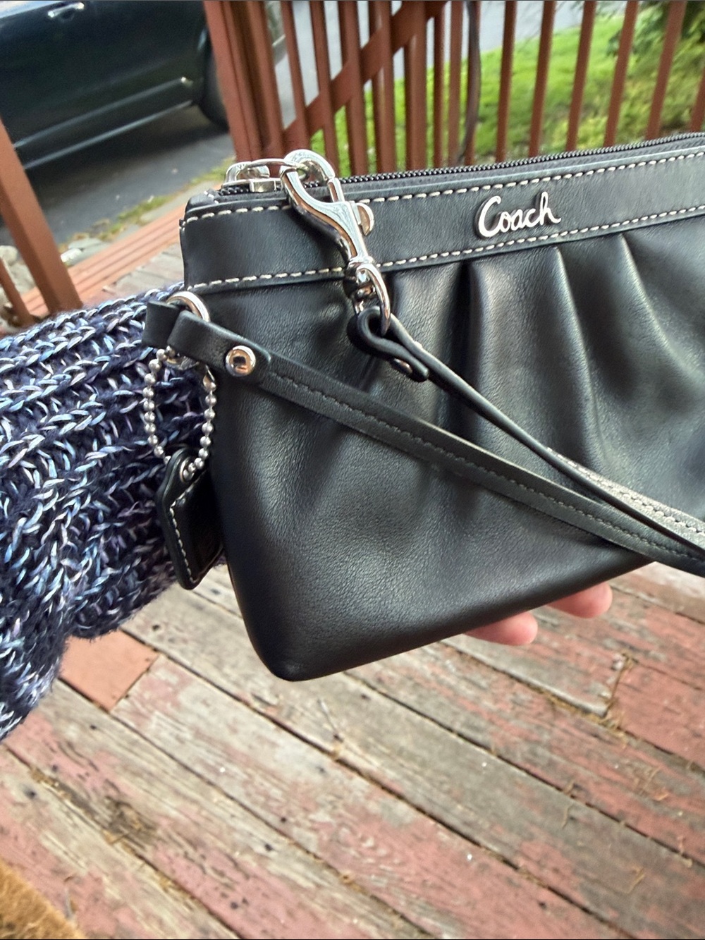 Coach Black Leather Pleated Wristlet Clutch with Silver Hardware